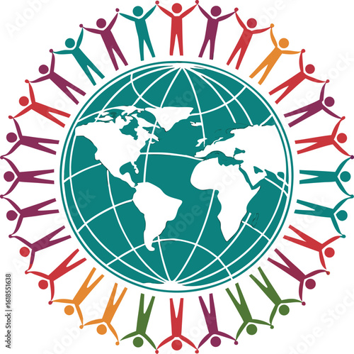 Vector art of people holding hands around the world illustration