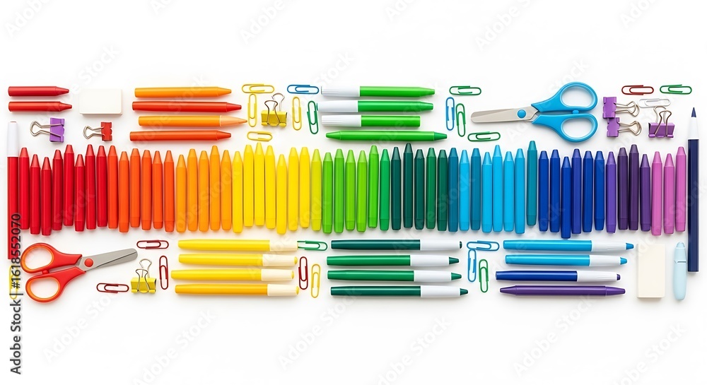 Obraz premium A colorful array of stationery supplies arranged in a spectrum.