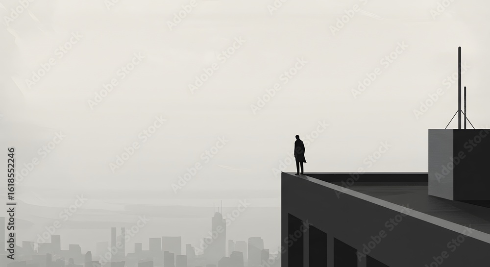 Solitary figure standing on the edge of a tall building monochromatic illustration