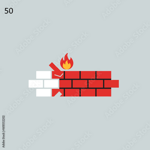 A stylized illustration of a brick wall with a section on fire, flames erupting.