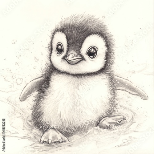 Cute penguin chick in water splash. Graphite drawing