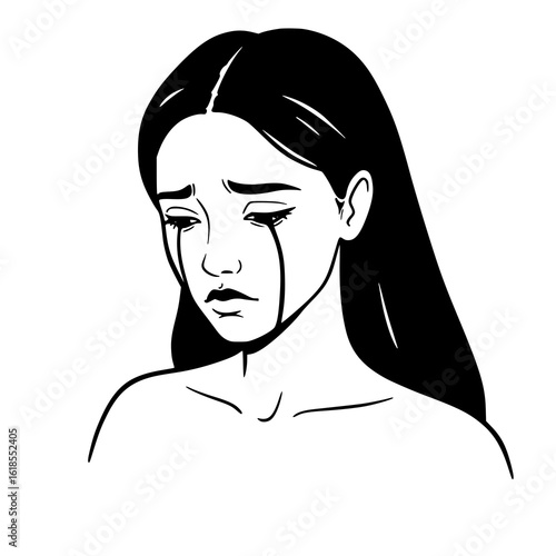 Sad woman crying black and white sketch