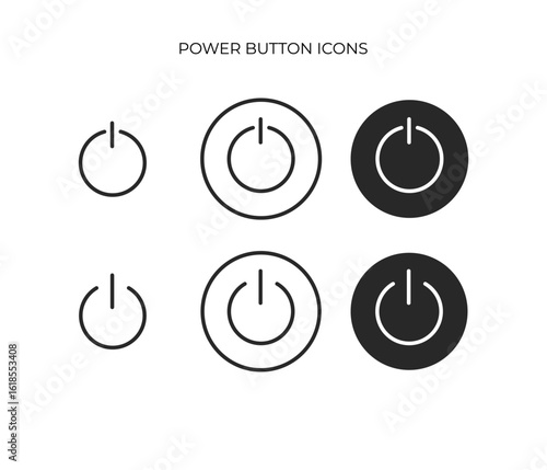 Standard power or on-off button icon set, displaying outlined and filled variations of a circle with a vertical line, signifying system control.