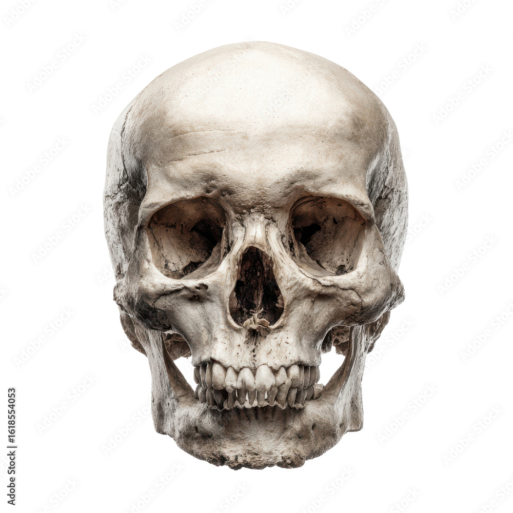 Obraz premium Human skull bone structure detailed view anatomy head, Isolated On White, Png Transparent, Cut Out
