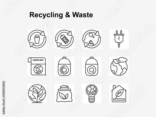 12 outline icons on recycling, waste, Earth Day, and eco-energy, perfect for environmental projects and sustainable campaigns.