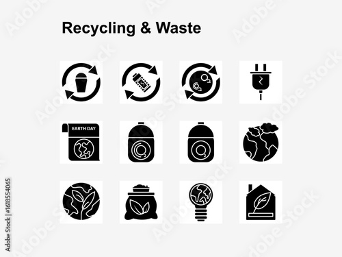 12 solid-style icons on recycling, pollution, Earth Day, and sustainable energy. Ideal for clean energy campaigns and eco topics.
