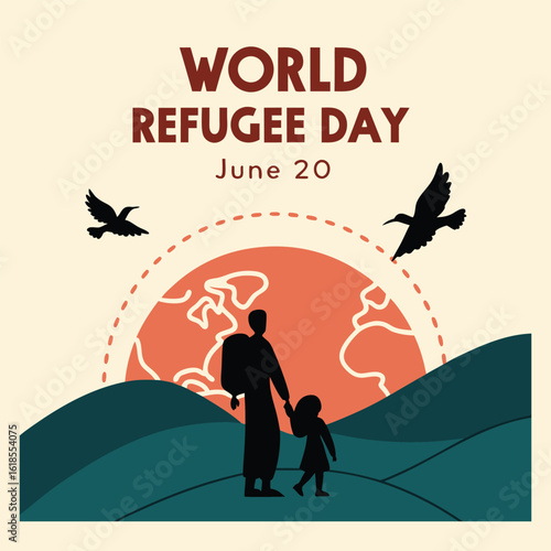 Vector art of world refugee day illustration with family walking towards globe
