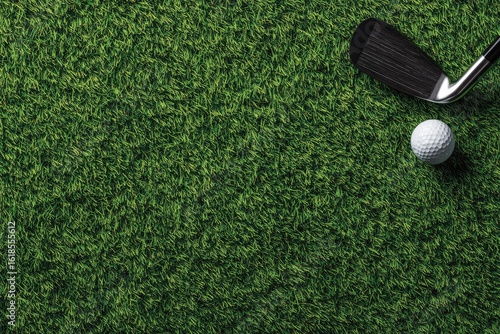 Golf club and ball on textured green grass