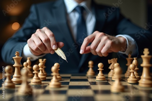 Wallpaper Mural A businessman extends a vintage quill pen to a colleague across an ornate chess board Torontodigital.ca