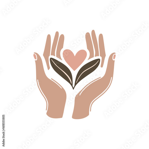 Two stylized hands holding a heart and leaves, symbolizing care and nature, on a clean background