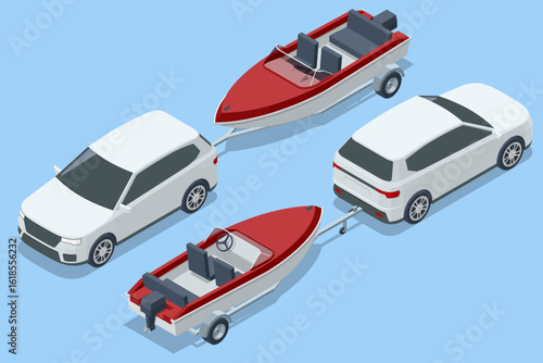 An isometric illustration of a white car towing a red and white motorboat on a trailer along a road lined with green trees, depicting travel to water.