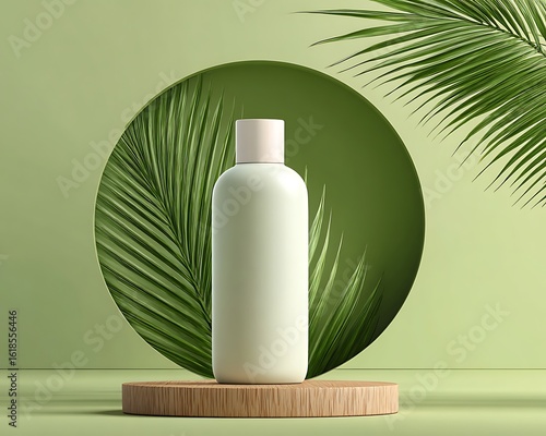 Cosmetic bottle mockup on a wooden podium with leaves