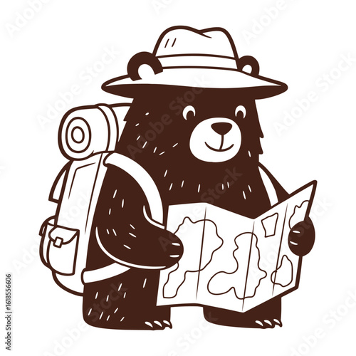 cartoon bear dressed as a traveler with a hat and backpack examining a map retro sketch