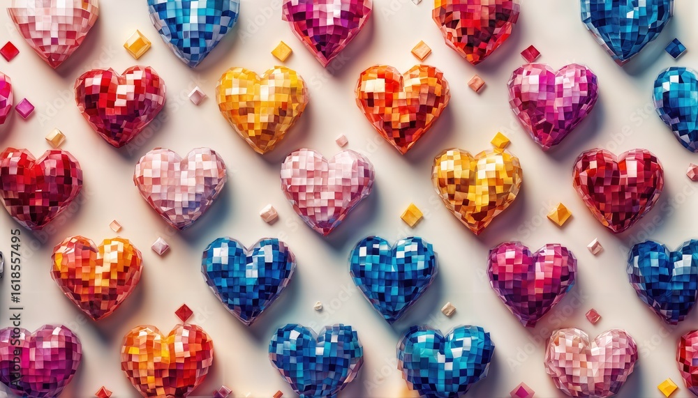 Fototapeta premium a vibrant and colorful arrangement of pixelated hearts scattered across a textured white surface creates a playful and modern aesthetic.