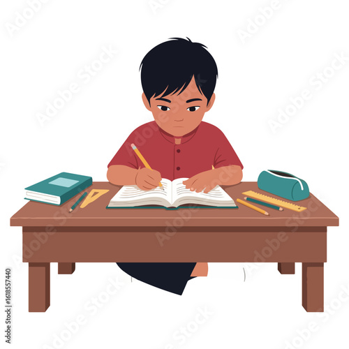 vector illustration of school boy writing on table