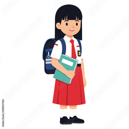 vector illustration of school girl holding book