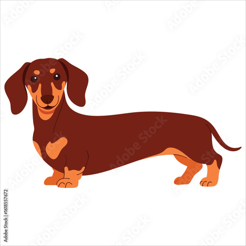 Brown dachshund cartoon style vector standing and looking to the right on clean white background showcasing its playful and adorable nature