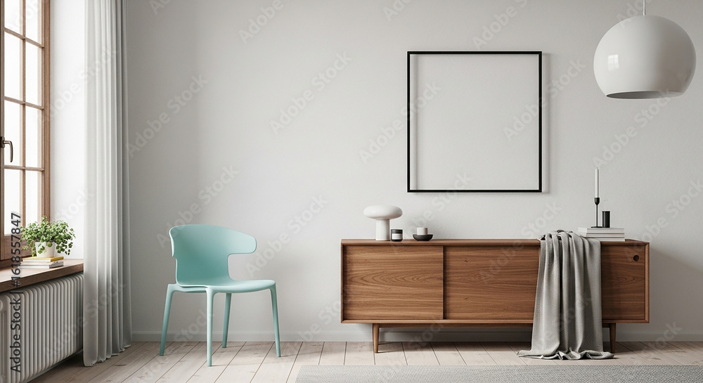 Naklejka premium Modern wall frame mockup, minimalist cabinet setup with aqua chair in bright neutral interior for artwork poster display design scene layout home decor concept