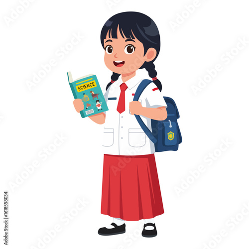 vector illustration of school girl holding book