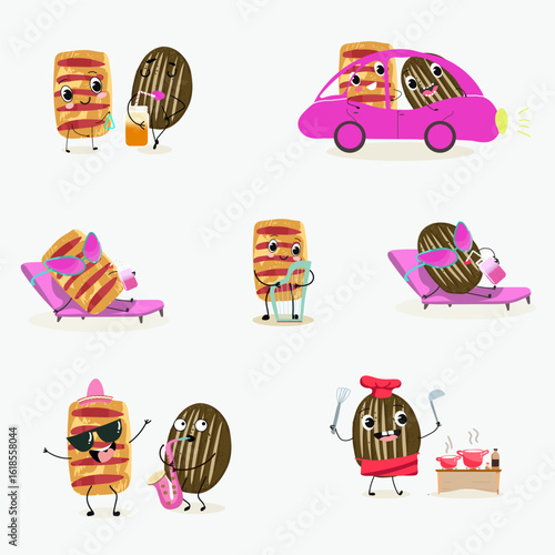 Baked food funny characters, hand drawn vector illustration.