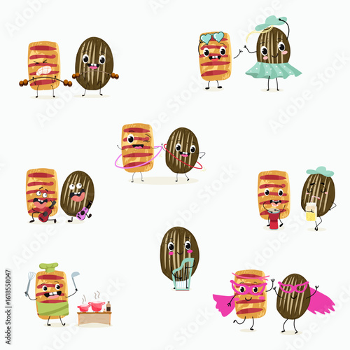 Baked food funny characters, hand drawn vector illustration.