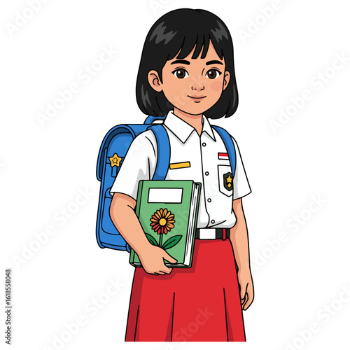 vector illustration of school girl holding book