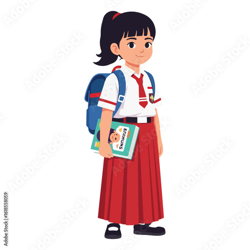vector illustration of school girl holding book