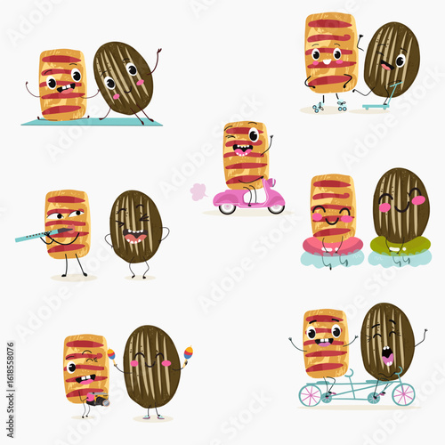 Baked food funny characters, hand drawn vector illustration.
