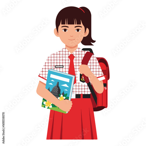 vector illustration of school girl holding book