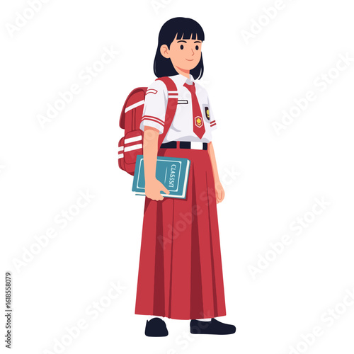 vector illustration of school girl holding book
