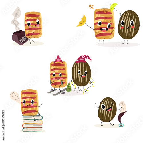 Baked food funny characters, hand drawn vector illustration.
