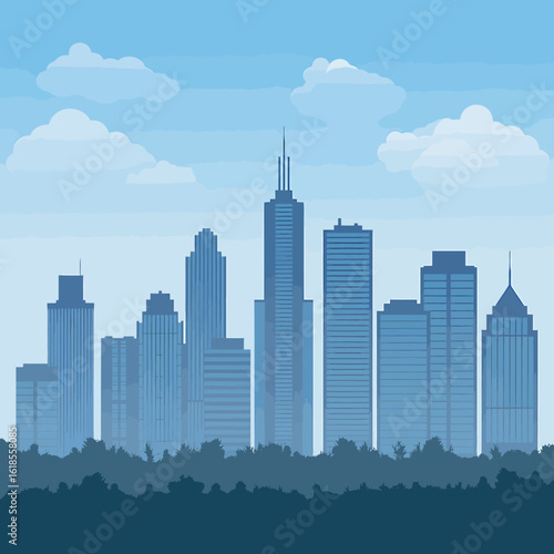 Vector Skyline Illustration of Cityscape with Tall Buildings and Clouds in Blue Tone Serene Urban Landscape