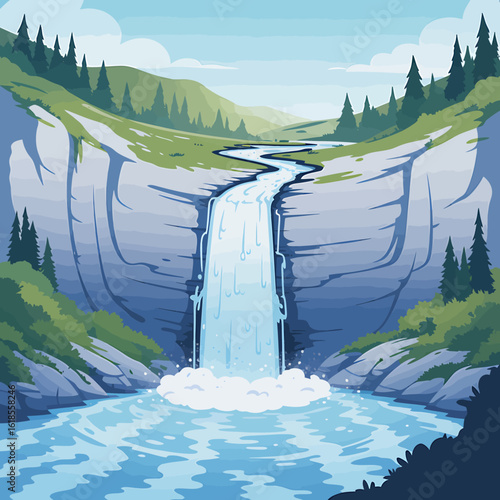 Beautiful cartoon waterfall landscape illustration with mountains trees and sky showcasing nature serenity and tranquility in a picturesque setting