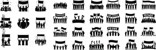 Protest Crowd with Banners Silhouette Icon Set Activists Holding Signs Vector Silhouette Collection