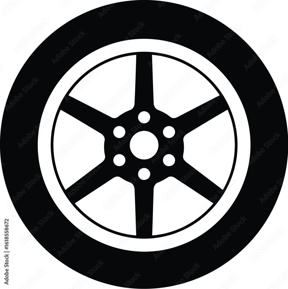 Obraz premium Vector illustration of a black car wheel with a silver rim isolated on a white background
