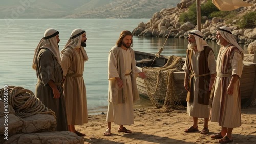 Jesus Christ teaching discliples new testament. Men in ancient robes on beach with boat. Biblical era footage.
