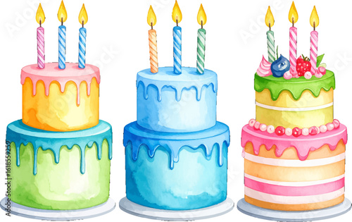 Fancy decorated birthday cakes with candles on top. birthday cakes with frosting and candles. Sweet decorated birthday cakes with candles, sprinkles. Fun birthday cakes with candles and colorful icing