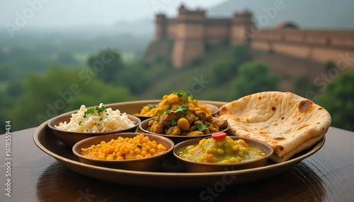 Royal Rajasthani thali with dal baati churma, gatte ki sabzi, ker sangri, and bajra roti on a brass plate with a palace-style background
