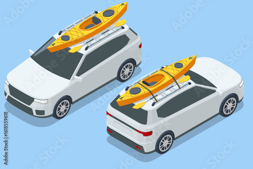 Isometric depicting white car SUV transporting a yellow kayak on roof rack, highlighting outdoor adventure. Kayaks with paddles, perfect for water sports and outdoor adventures on calm waters