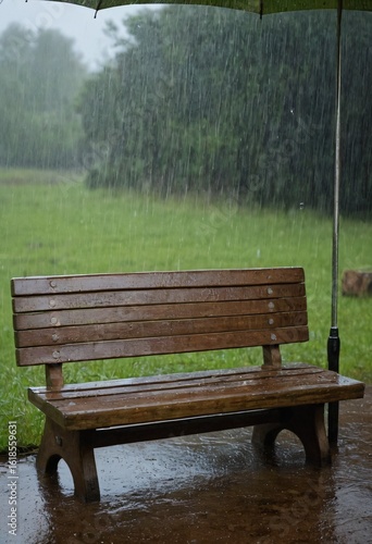 Rainy Day Bench Scene: A lonely bench stands in the rain, offering a moment of respite amid the falling showers, evoking feelings of solitude and tranquility. Ai generated image