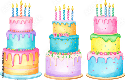 Fun, colorful cakes with frosting and birthday candles. Bright pastel birthday cakes. Delicious birthday cakes with colorful candles and decor. Bright and colorful tiered birthday cakes with candles