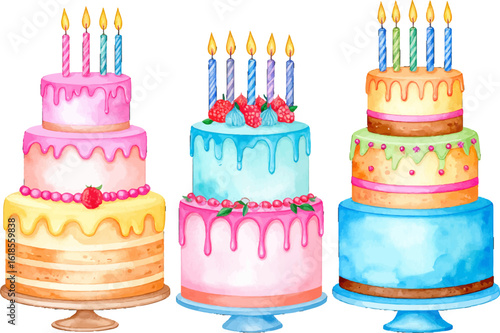 Colorful birthday cakes with candles and decoration. Cute birthday cakes with drips and candles. Beautiful layered birthday cakes with candles and frosting. Elegant multi-tiered birthday cakes