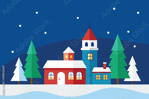  a charming winter village scene with snowcovered houses and trees under a starry sky vector illustration