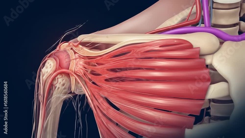 X-ray rendering of shoulder joint and upper back muscles showing anatomical muscle fibers and connective tissues, perfect for physiotherapy and muscle education.
