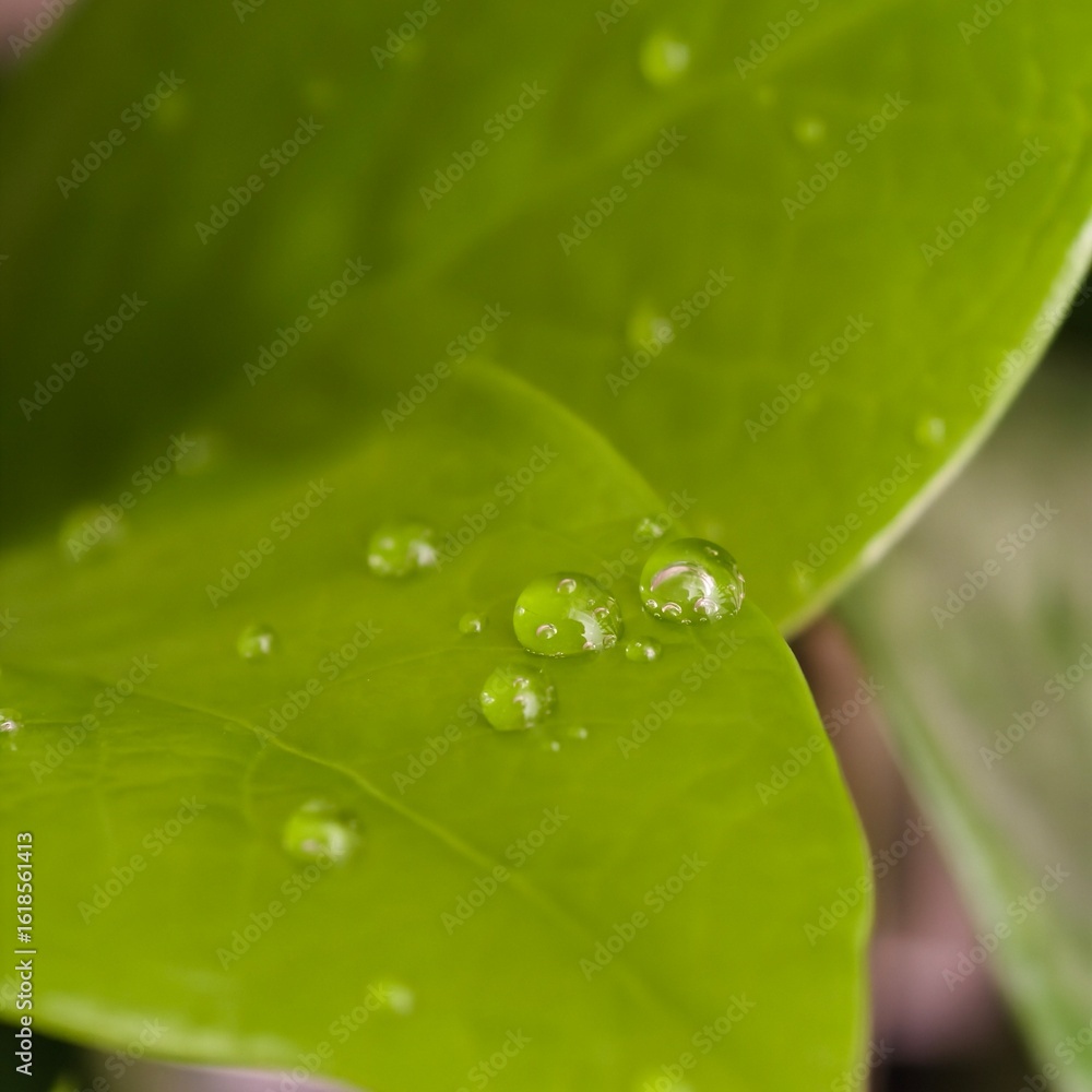 Fototapeta premium Fresh green leaf with water droplets, reflecting light, and showing nature's beauty