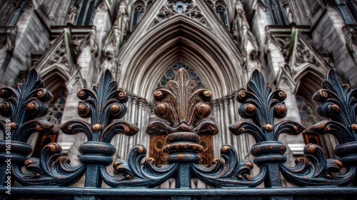 Ornate church facade with wrought iron railing