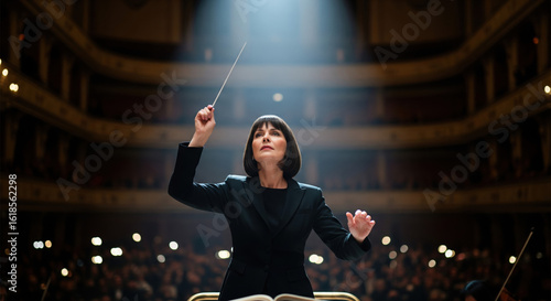 orchestra conductor leading a performance in a grand hall, symbolizing classical music, artistic leadership, and live performance.