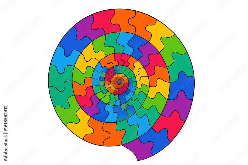 Fototapeta premium Multicolored puzzle pieces spiraling together, representing collaborative problem-solving and creative connections against transparent backdrop