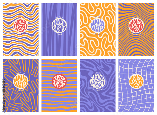 Happy Halloween backgrounds set. Abstract funky groovy psychedelic patterns. Round handwritten hand lettering collection. Twisted hand drawn wavy organic curved uneven doodle winding lines, stripes