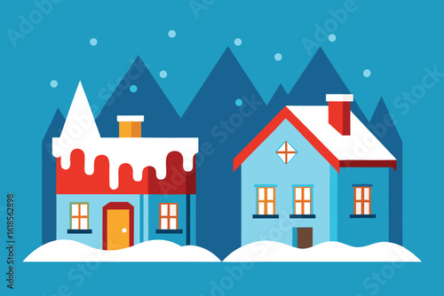  two cozy houses covered in snow with mountain backdrop create a winter scene vector illustration